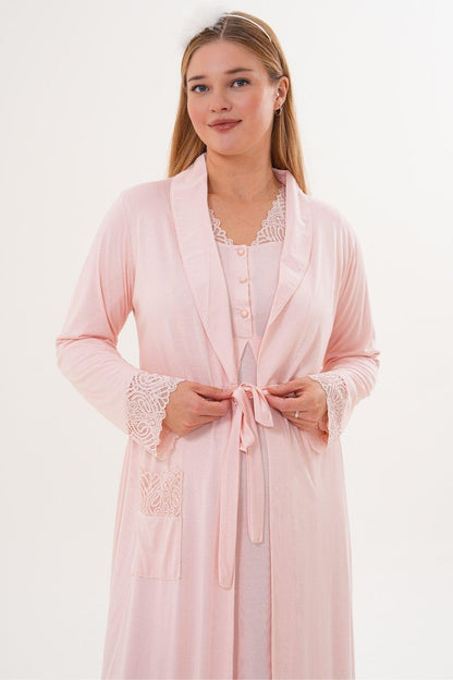 2’Li Sabahlık Gecelik Takımı - Dantel Detay Lohusa Hamile Takım Pembe - 6331