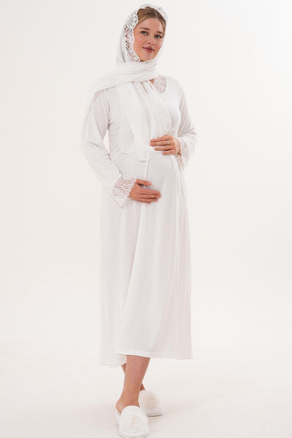 2’Li Sabahlık Gecelik Takımı - Dantel Detay Lohusa Hamile Takım Ekru- 6331