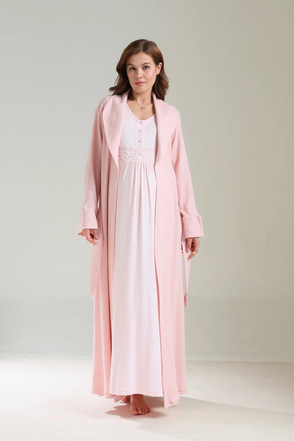 Yumuşak Dokulu Kalın Kışlık Sabahlıklı Lohusa Hamile Gecelik Takımı Pudra - 1037