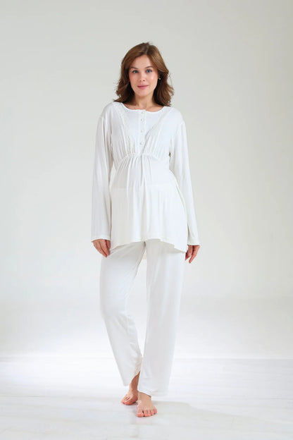 Jakarlı Kışlık Pamuklu Sabahlıklı 3'Lü Lohusa Hamile Pijama Takımı Ekru-1035