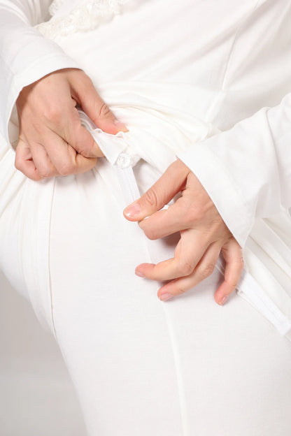 Yakası Fırfırlı Kışlık Sabahlıklı Lohusa Hamile  3'Lü Pijama Takımı Krem-1010