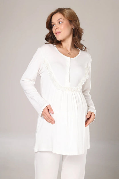 Yakası Fırfırlı Kışlık Sabahlıklı Lohusa Hamile  3'Lü Pijama Takımı Krem-1010