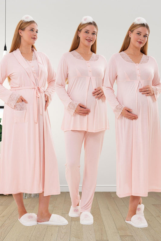 Sabahlık Gecelik Pijama Hamile Lohusa 4'Lü Set Pudra - 6332