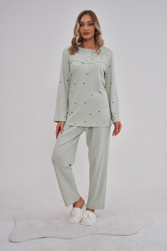 Uzun Kol Önden Düğmeli Desenli Lohusa Hamile Pijama Takımı  Yeşil - 6150