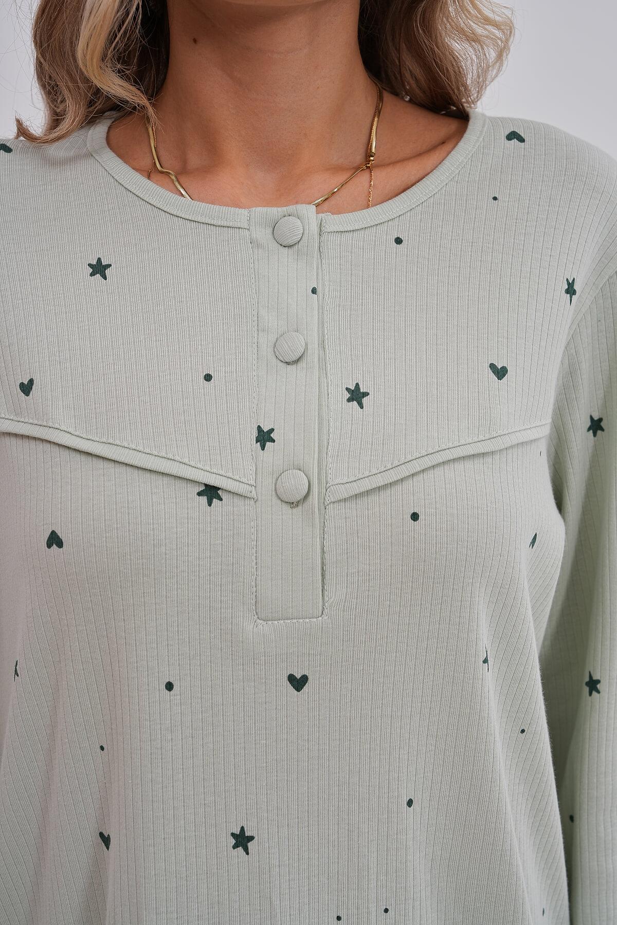 Uzun Kol Önden Düğmeli Desenli Lohusa Hamile Pijama Takımı  Yeşil - 6150