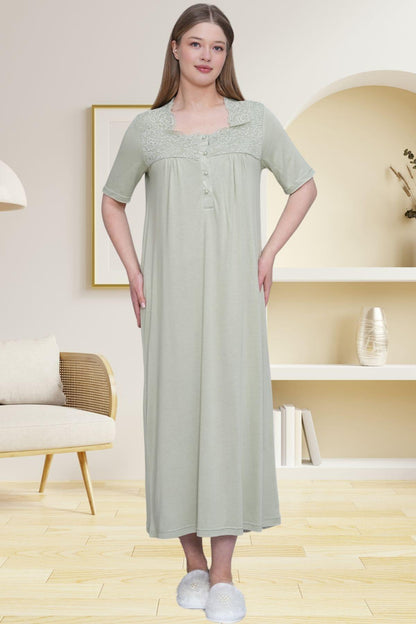Önden Düğmeli Midi Boy Büyük Boy  Lohusa Hamile Gecelik Yeşil - 6049