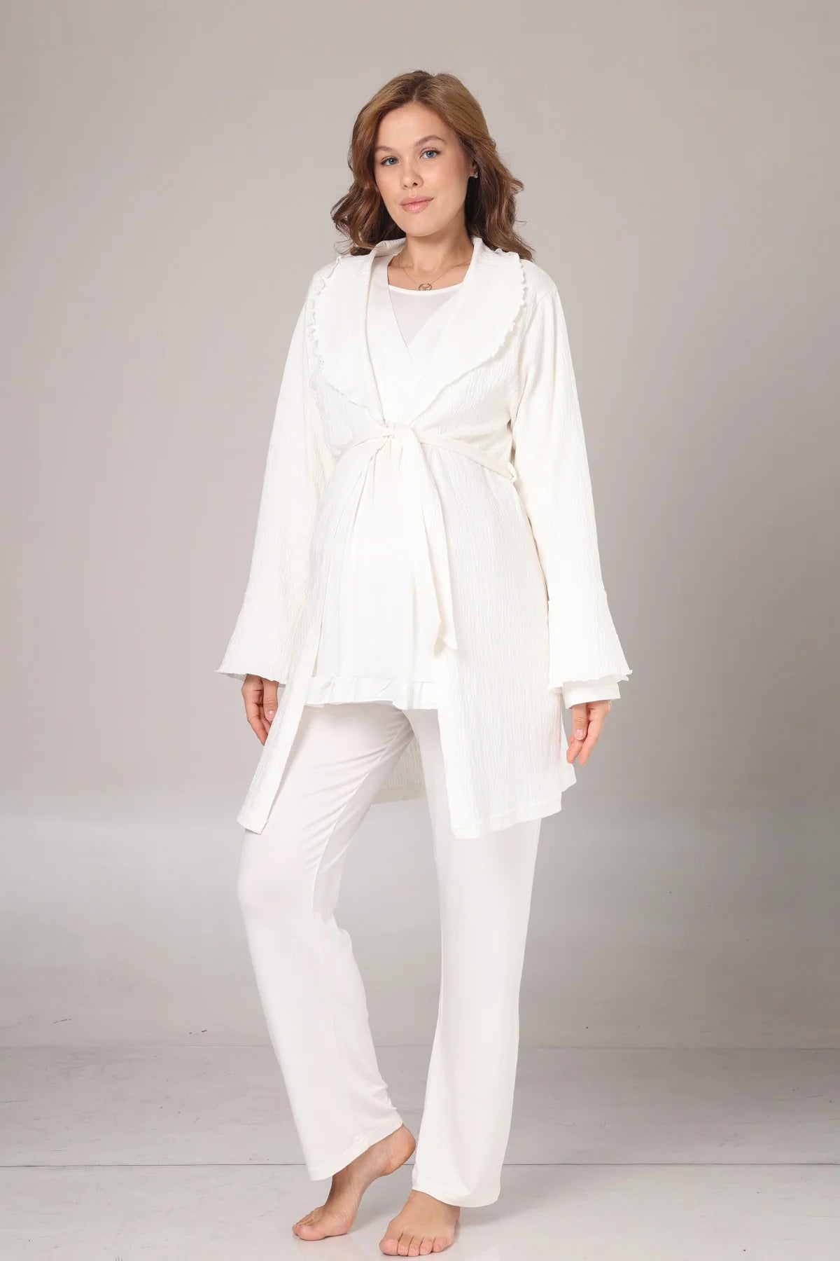 Uzun Kollu Jakar Sabahlıklı Lohusa Hamile  Pijama Takımı Ekru -1030