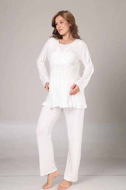 Uzun Kollu Jakar Sabahlıklı Lohusa Hamile  Pijama Takımı Ekru -1030