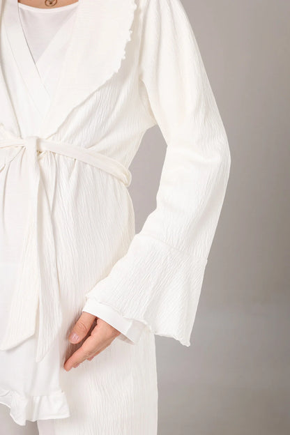 Uzun Kollu Jakar Sabahlıklı Lohusa Hamile  Pijama Takımı Ekru -1030