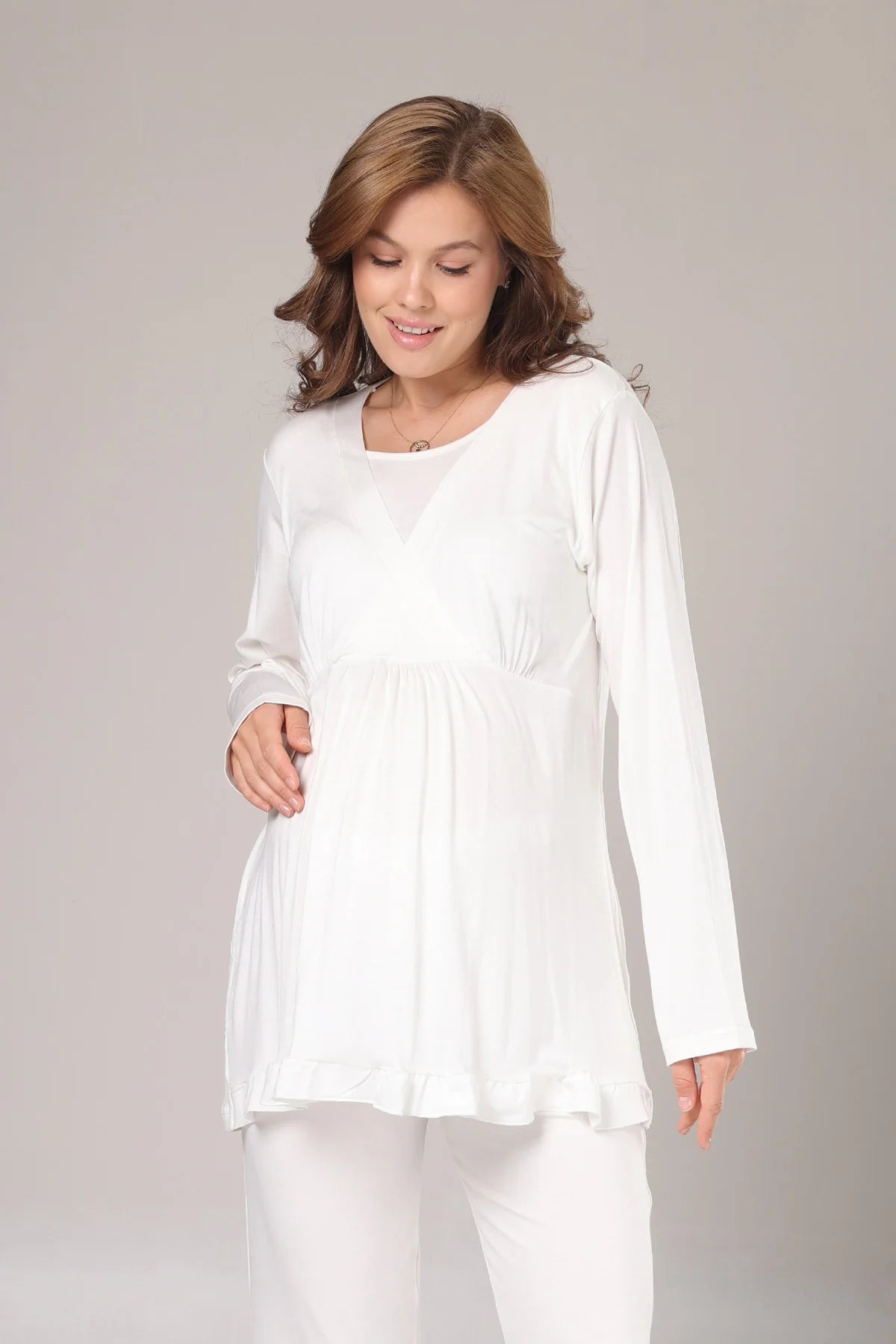 Uzun Kollu Jakar Sabahlıklı Lohusa Hamile  Pijama Takımı Ekru -1030