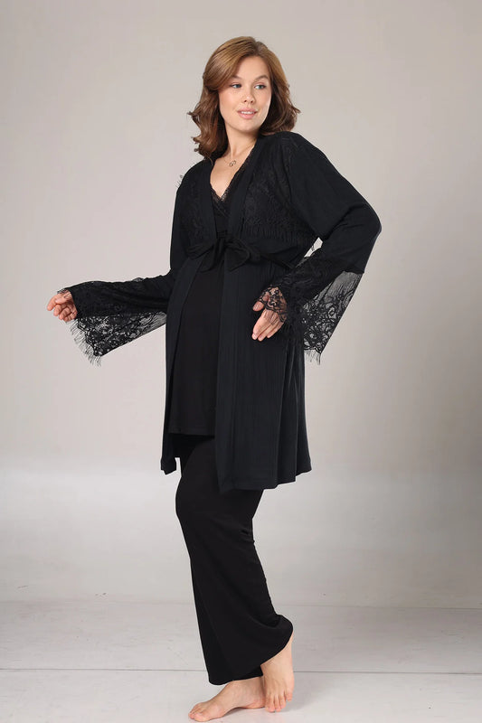 Kışlık Fitilli Dantel Detaylı Sabahlıklı Lohusa Hamile  Pijama Takımı Siyah -1022