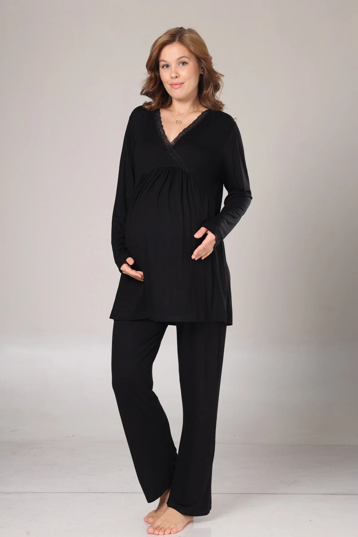 Kışlık Fitilli Dantel Detaylı Sabahlıklı Lohusa Hamile  Pijama Takımı Siyah -1022