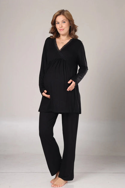 Kışlık Fitilli Dantel Detaylı Sabahlıklı Lohusa Hamile  Pijama Takımı Siyah -1022