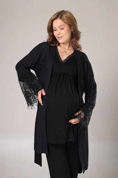 Kışlık Fitilli Dantel Detaylı Sabahlıklı Lohusa Hamile  Pijama Takımı Siyah -1022