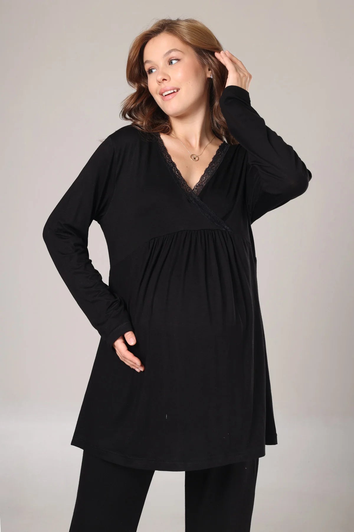 Kışlık Fitilli Dantel Detaylı Sabahlıklı Lohusa Hamile  Pijama Takımı Siyah -1022