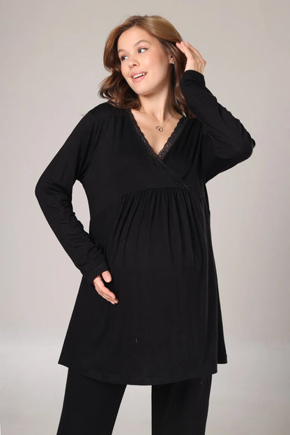 Kışlık Fitilli Dantel Detaylı Sabahlıklı Lohusa Hamile  Pijama Takımı Siyah -1022