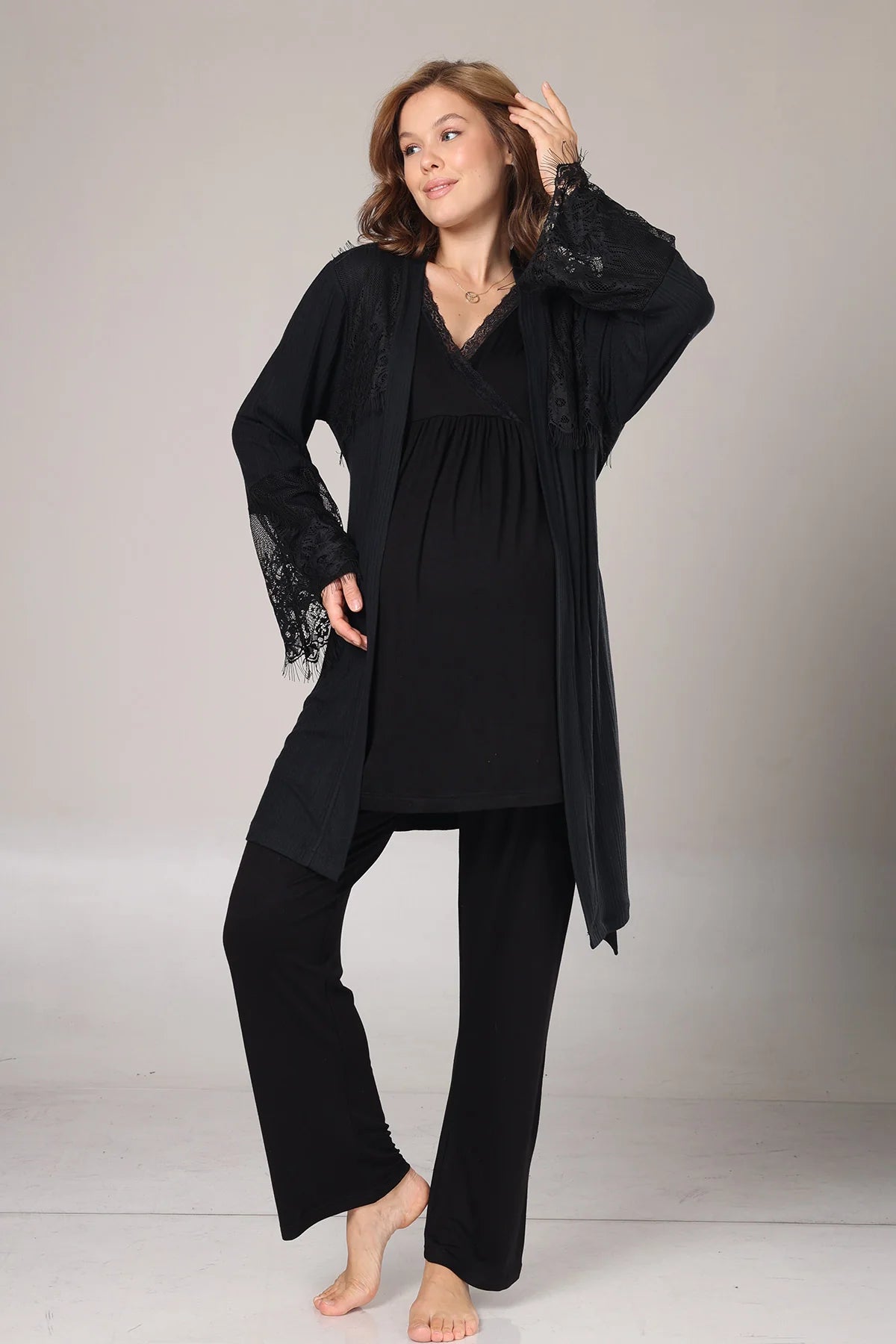 Kışlık Fitilli Dantel Detaylı Sabahlıklı Lohusa Hamile  Pijama Takımı Siyah -1022