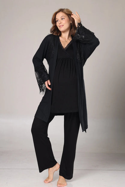 Kışlık Fitilli Dantel Detaylı Sabahlıklı Lohusa Hamile  Pijama Takımı Siyah -1022
