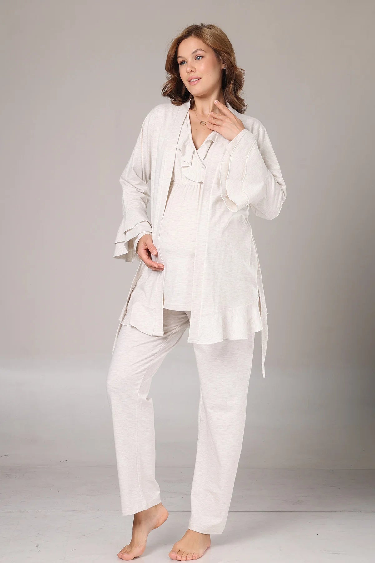 Kruvaze  Uzun Kollu Yumuşak Dokulu Sabahlıklı Lohusa Hamile  Pijama Takımı Bej Melanj - 1011