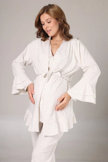 Kruvaze  Uzun Kollu Yumuşak Dokulu Sabahlıklı Lohusa Hamile  Pijama Takımı Bej Melanj - 1011