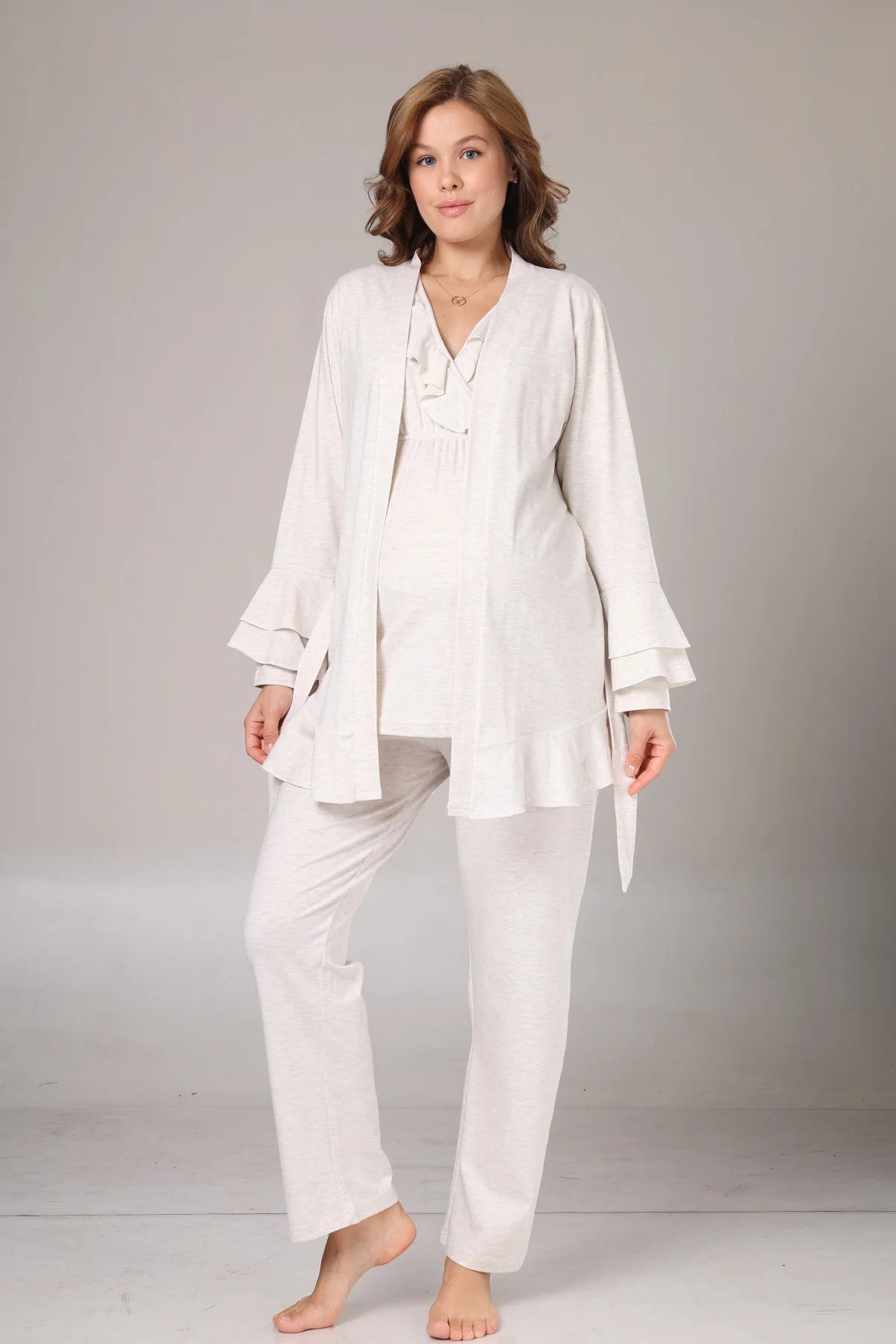 Kruvaze  Uzun Kollu Yumuşak Dokulu Sabahlıklı Lohusa Hamile  Pijama Takımı Bej Melanj - 1011