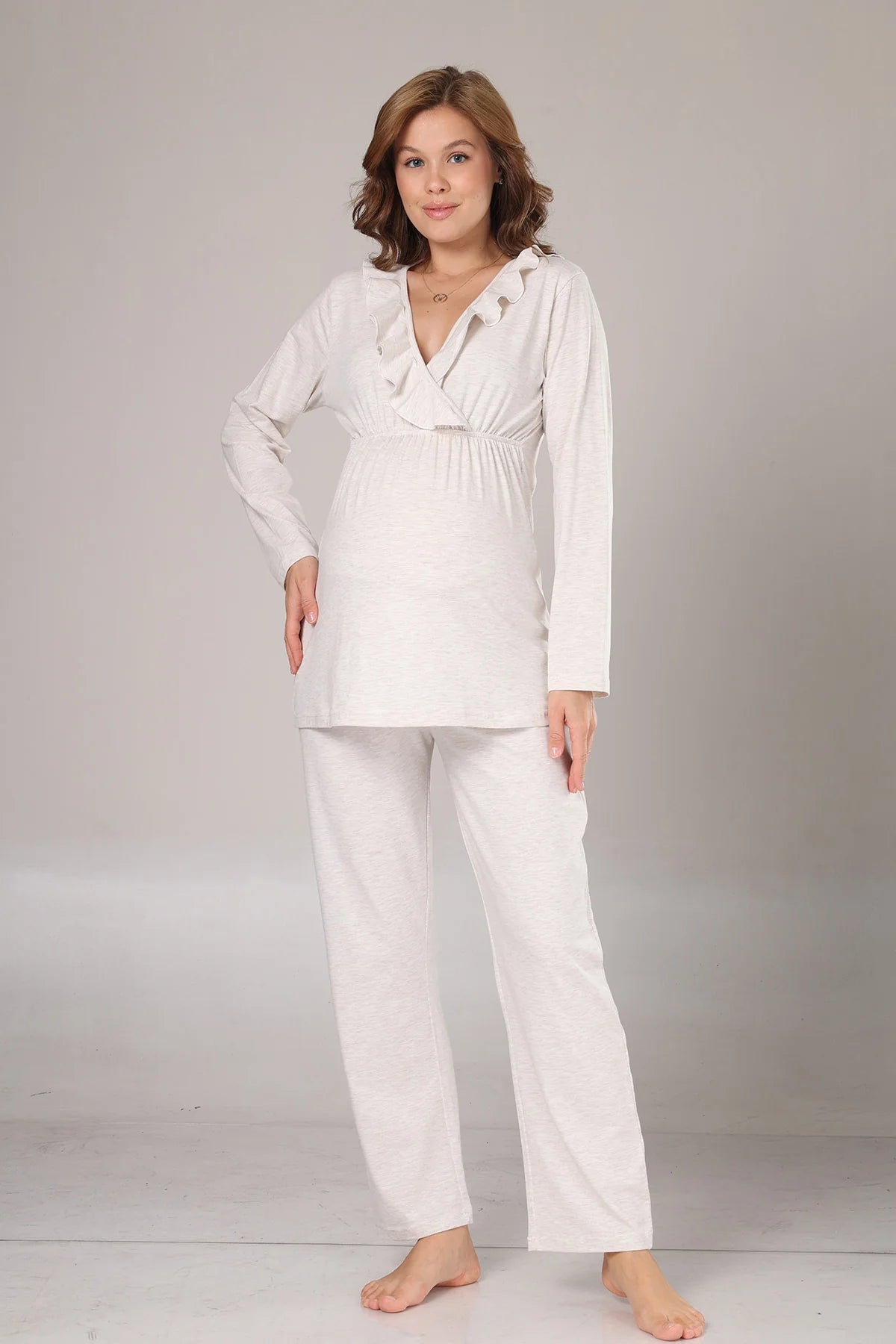 Kruvaze  Uzun Kollu Yumuşak Dokulu Sabahlıklı Lohusa Hamile  Pijama Takımı Bej Melanj - 1011