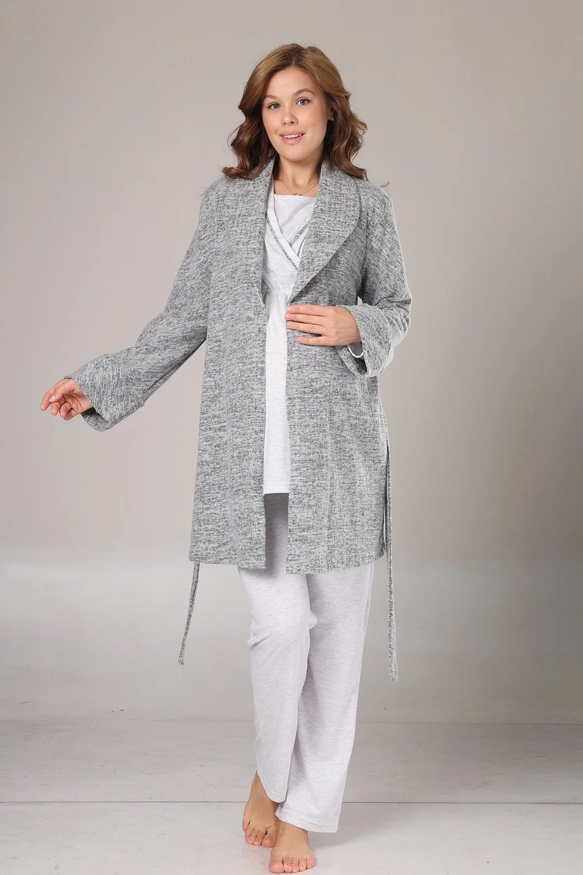 Kışlık  Polar Sabahlıklı Lohusa Hamile  Pijama Takımı Gri - 1019