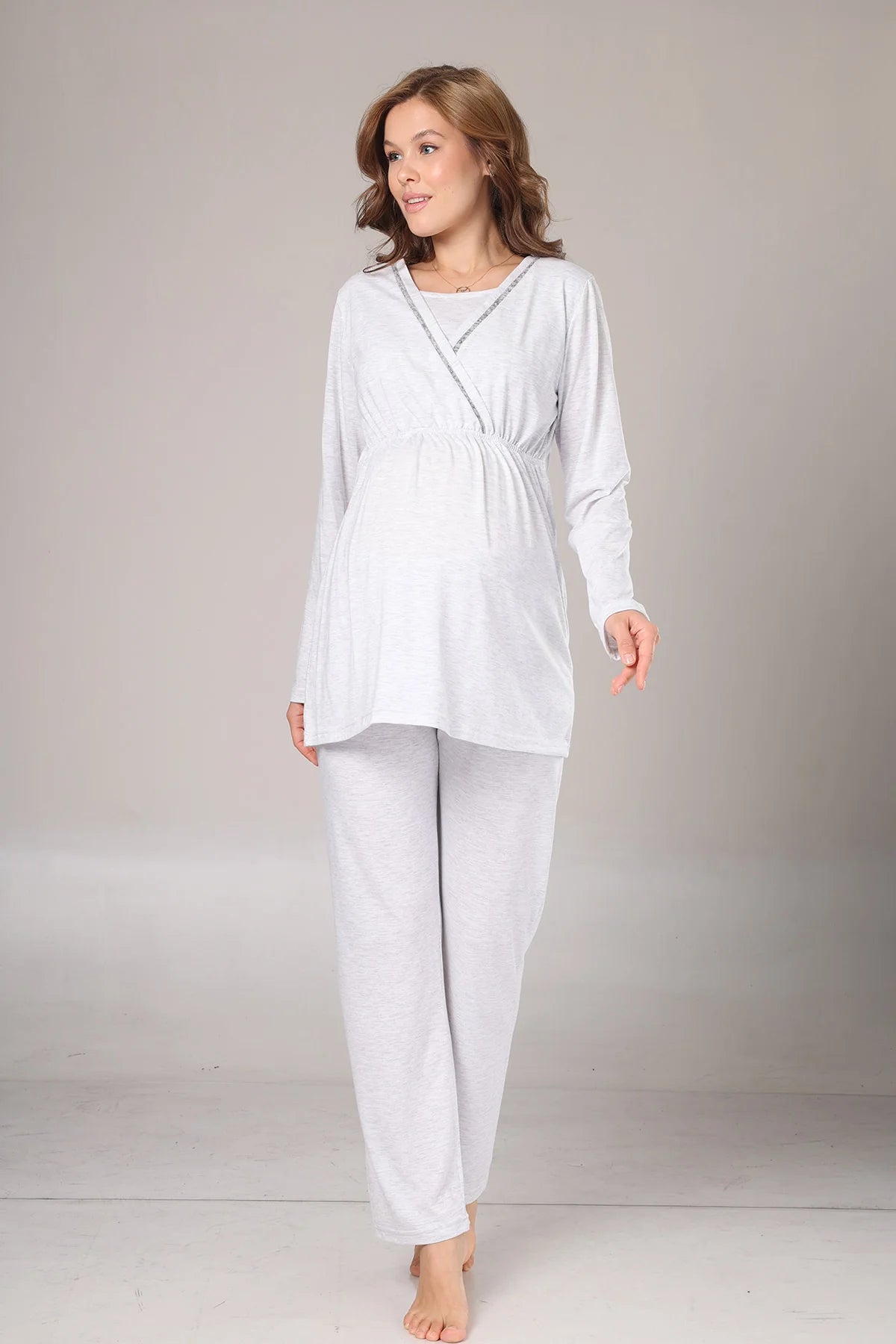 Kışlık  Polar Sabahlıklı Lohusa Hamile  Pijama Takımı Gri - 1019