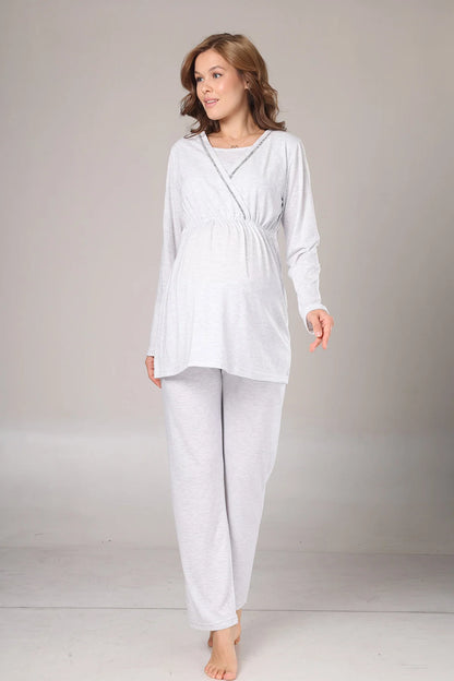 Kışlık  Polar Sabahlıklı Lohusa Hamile  Pijama Takımı Gri - 1019