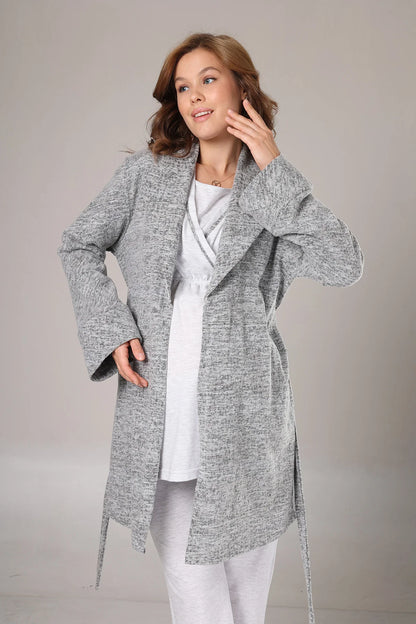 Kışlık  Polar Sabahlıklı Lohusa Hamile  Pijama Takımı Gri - 1019