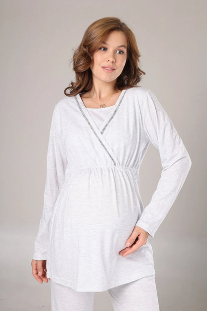 Kışlık  Polar Sabahlıklı Lohusa Hamile  Pijama Takımı Gri - 1019