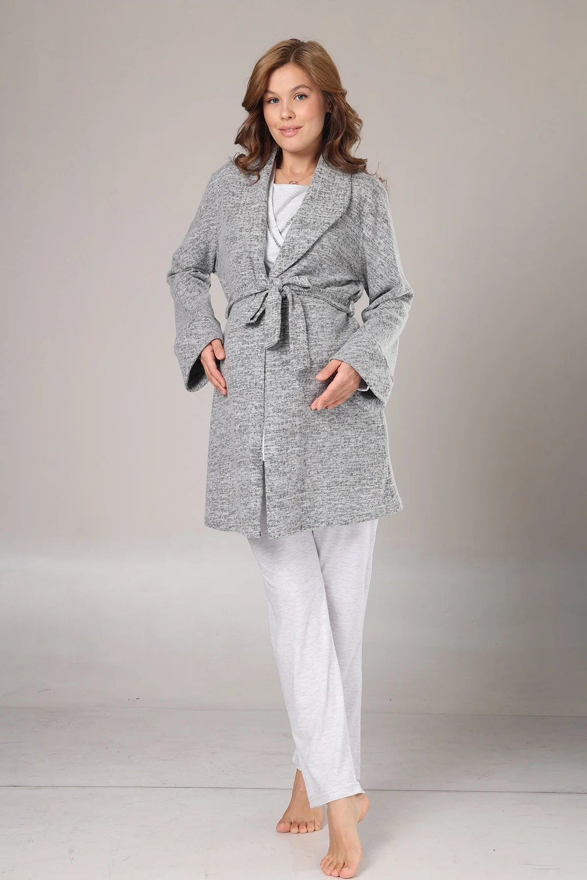 Kışlık  Polar Sabahlıklı Lohusa Hamile  Pijama Takımı Gri - 1019