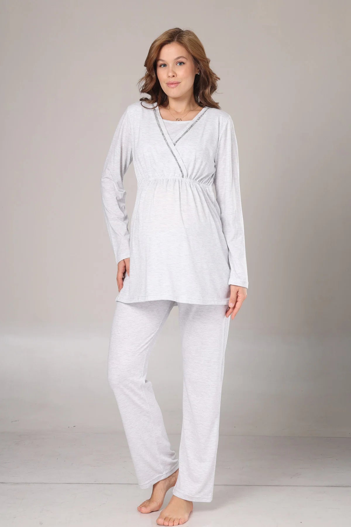 Kışlık  Polar Sabahlıklı Lohusa Hamile  Pijama Takımı Gri - 1019