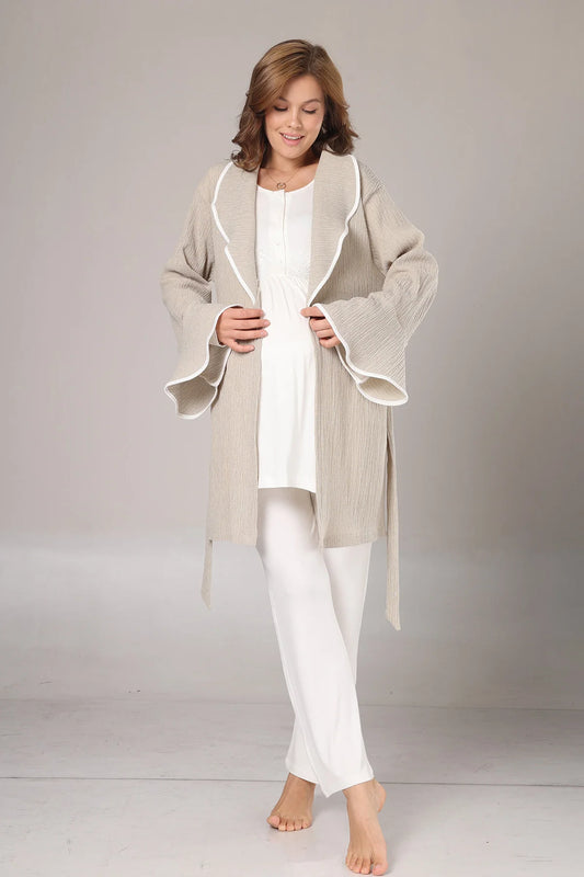 Kışlık Krepon Dokulu Sabahlıklı Lohusa Pijama Takımı Bej -1005