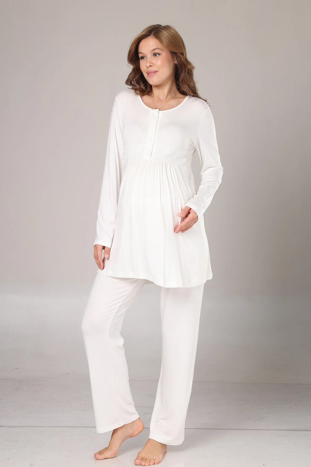 Kışlık Krepon Dokulu Sabahlıklı Lohusa Pijama Takımı Bej -1005