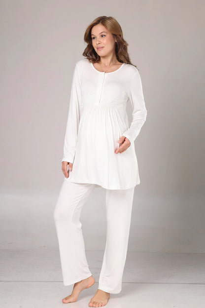 Kışlık Krepon Dokulu Sabahlıklı Lohusa Pijama Takımı Bej -1005