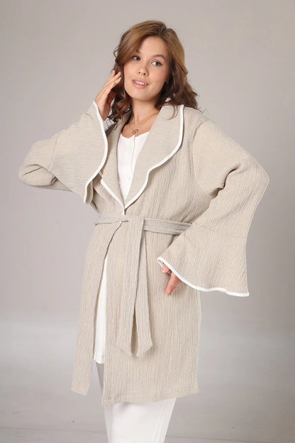 Kışlık Krepon Dokulu Sabahlıklı Lohusa Pijama Takımı Bej -1005