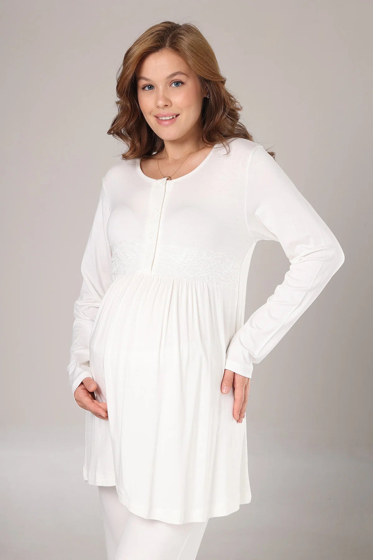 Kışlık Krepon Dokulu Sabahlıklı Lohusa Pijama Takımı Bej -1005