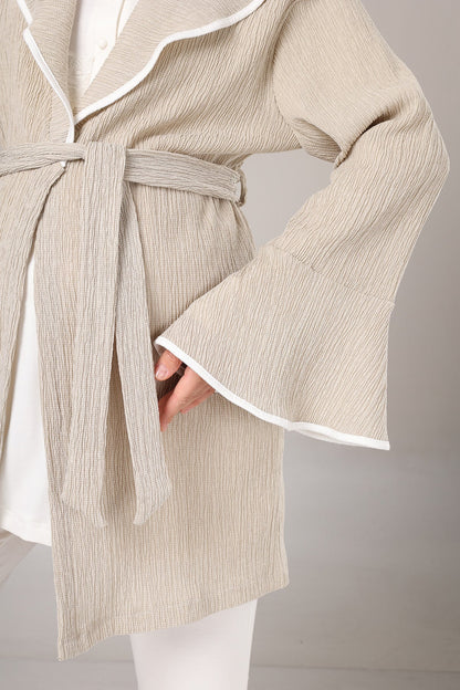 Kışlık Krepon Dokulu Sabahlıklı Lohusa Pijama Takımı Bej -1005