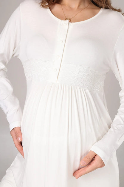 Kışlık Krepon Dokulu Sabahlıklı Lohusa Pijama Takımı Bej -1005