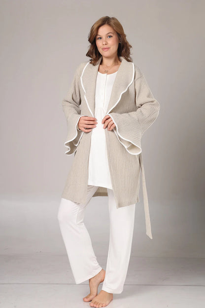 Kışlık Krepon Dokulu Sabahlıklı Lohusa Pijama Takımı Bej -1005