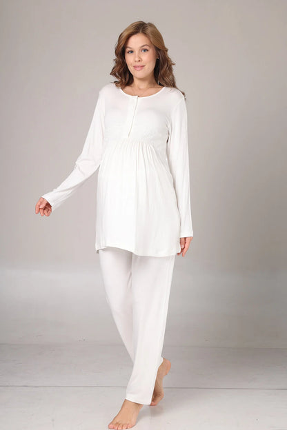 Jakar Sabahlıklı Kruvaze Yaka Emzirme Özellikli Lohusa Pijama Takımı Ekru - 540