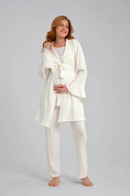 Jakar Sabahlıklı Kruvaze Yaka Emzirme Özellikli Lohusa Pijama Takımı Ekru - 540