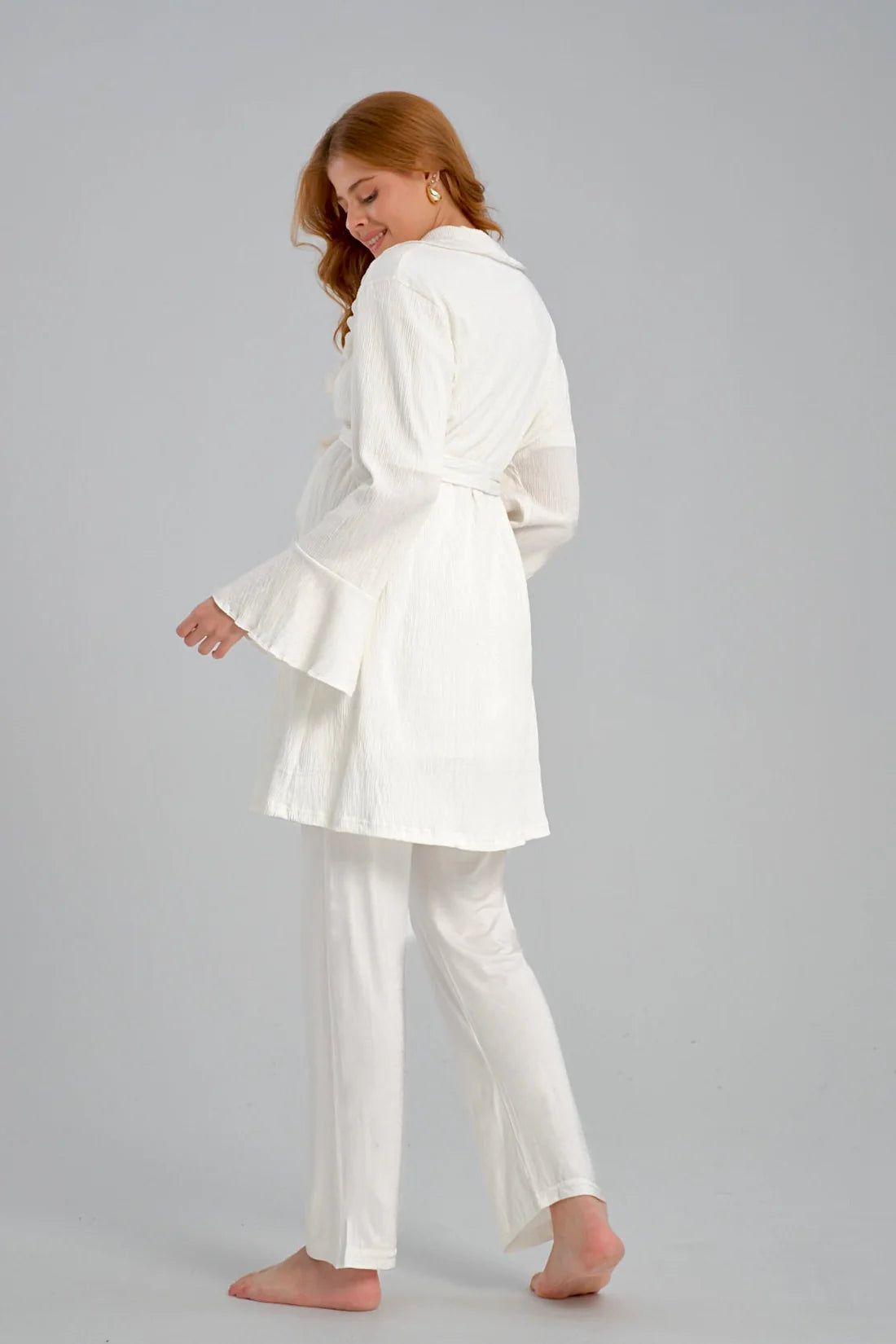 Jakar Sabahlıklı Kruvaze Yaka Emzirme Özellikli Lohusa Pijama Takımı Ekru - 540