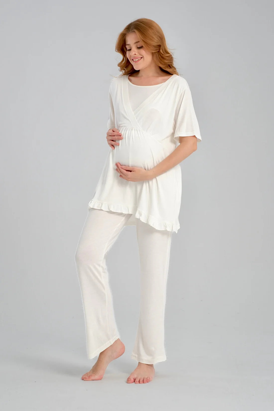 Jakar Sabahlıklı Kruvaze Yaka Emzirme Özellikli Lohusa Pijama Takımı Ekru - 540
