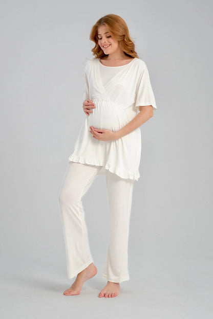 Jakar Sabahlıklı Kruvaze Yaka Emzirme Özellikli Lohusa Pijama Takımı Ekru - 540