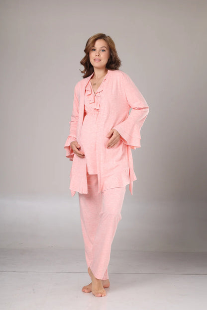 Uzun Kollu Yumuşak Dokulu Sabahlıklı Kruvaze Lohusa Pijama Takımı Pembe -  1013
