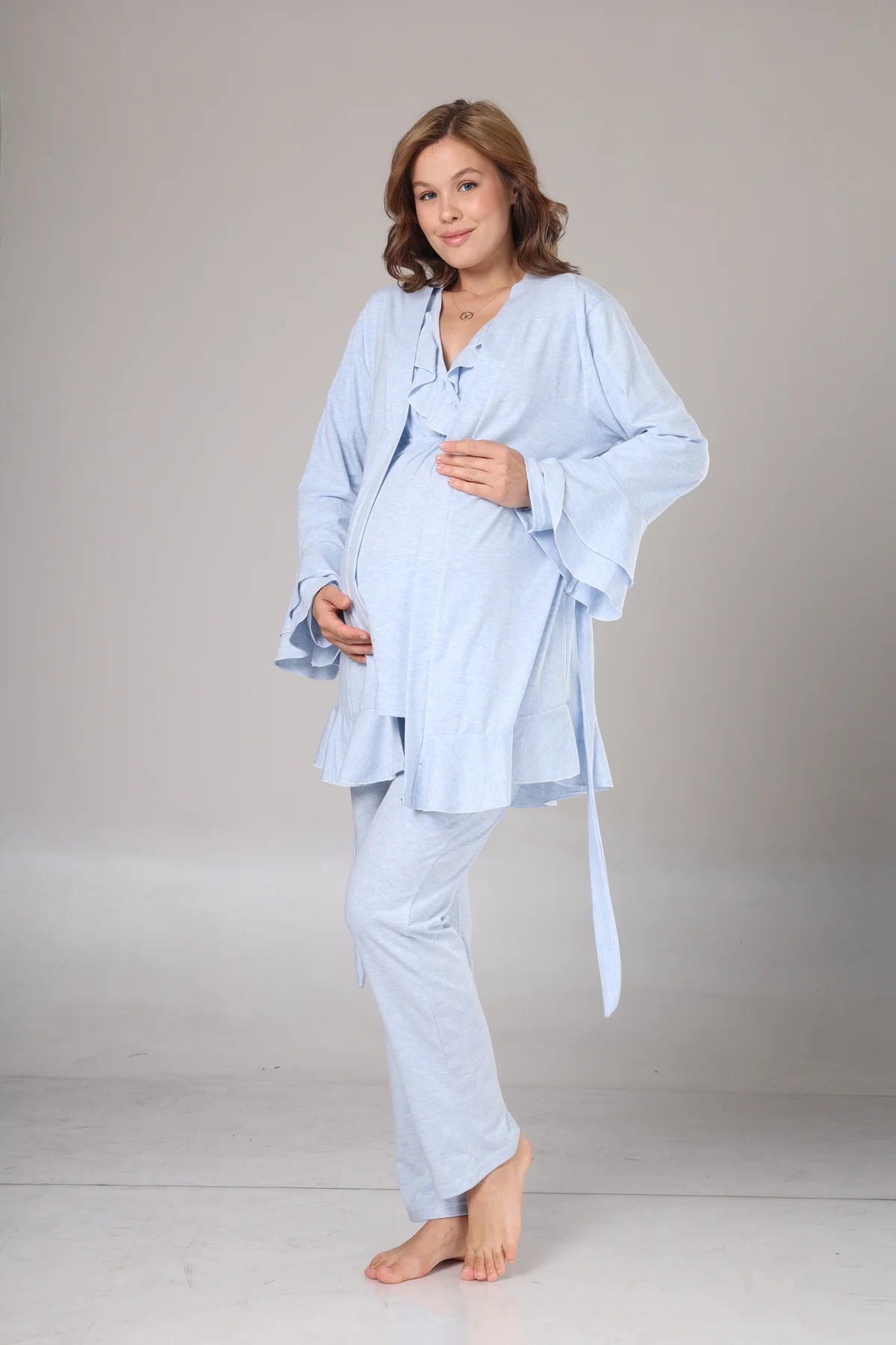 Uzun Kollu Yumuşak Dokulu Sabahlıklı Kruvaze Lohusa Pijama Takımı Mavi - 1012