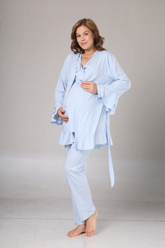 Uzun Kollu Yumuşak Dokulu Sabahlıklı Kruvaze Lohusa Pijama Takımı Mavi - 1012