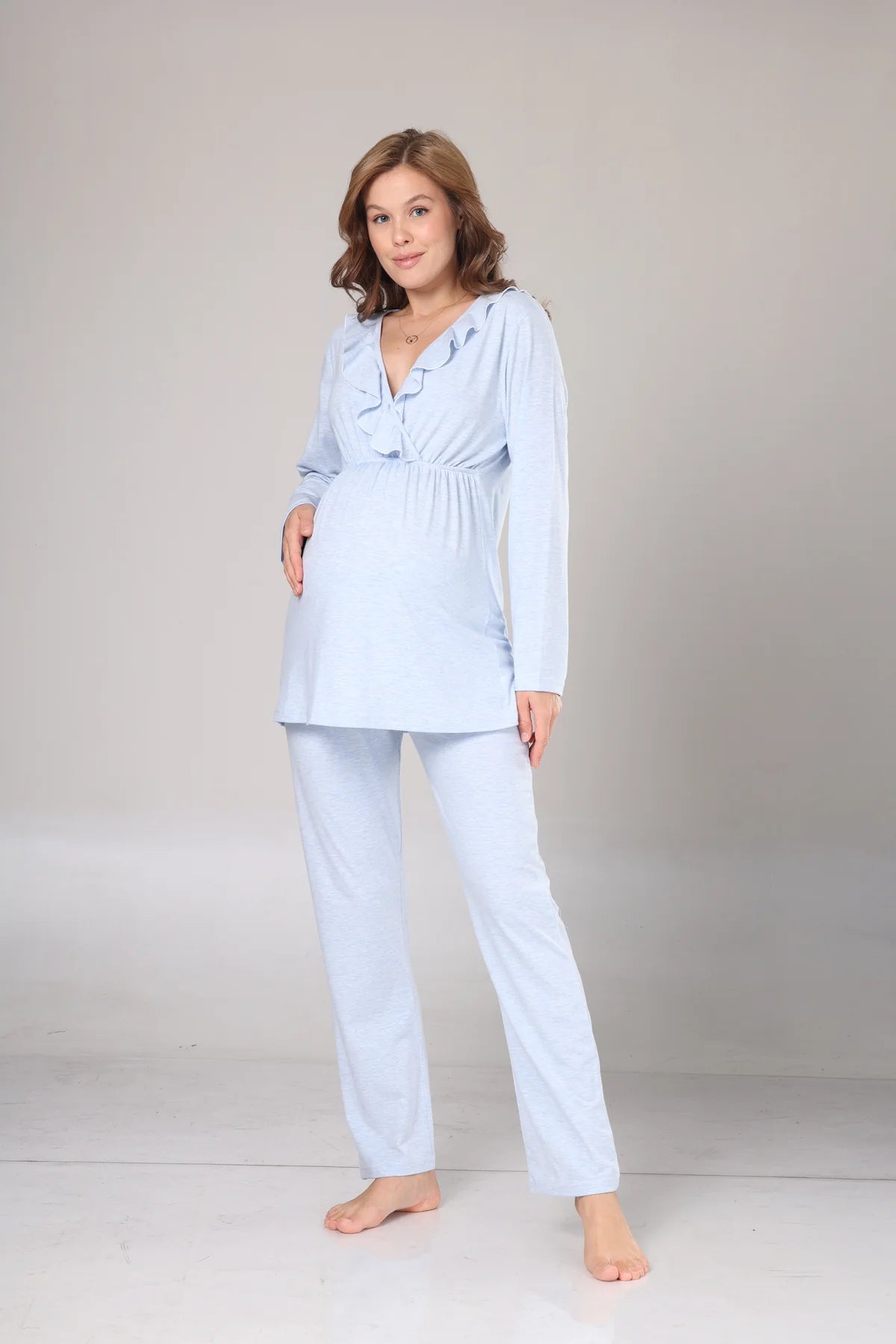 Uzun Kollu Yumuşak Dokulu Sabahlıklı Kruvaze Lohusa Pijama Takımı Mavi - 1012